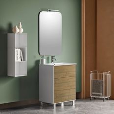 Ensemble meuble de salle de bain 3 tiroirs laqué blanc et chêne et miroir lumineux Lago L 60 cm