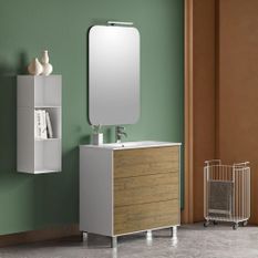 Ensemble meuble de salle de bain 3 tiroirs laqué blanc et chêne et miroir lumineux Lago L 80 cm