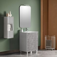 Ensemble meuble de salle de bain 3 tiroirs laqué blanc et effet béton et miroir lumineux Lago L 60 cm