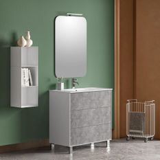 Ensemble meuble de salle de bain 3 tiroirs laqué blanc et effet béton et miroir lumineux Lago L 80 cm