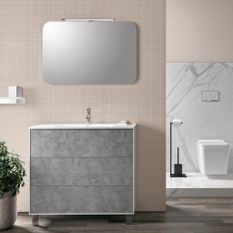 Ensemble meuble de salle de bain 3 tiroirs laqué blanc et effet béton et miroir lumineux Lago L 90 cm