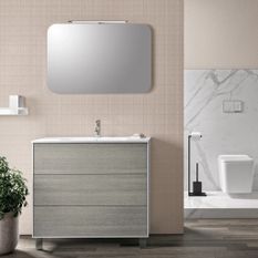 Ensemble meuble de salle de bain 3 tiroirs laqué blanc et gris et miroir lumineux Lago L 90 cm