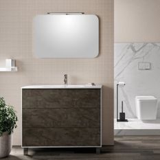 Ensemble meuble de salle de bain 3 tiroirs laqué blanc et gris oxyde et miroir à LED Oga L 100 cm