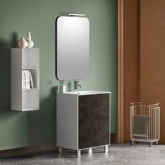 Ensemble meuble de salle de bain 3 tiroirs laqué blanc et gris oxyde et miroir lumineux Lago L 60 cm