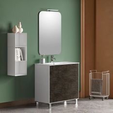 Ensemble meuble de salle de bain 3 tiroirs laqué blanc et gris oxyde et miroir lumineux Lago L 80 cm