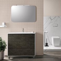 Ensemble meuble de salle de bain 3 tiroirs laqué blanc et gris oxyde et miroir lumineux Lago L 90 cm