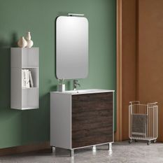 Ensemble meuble de salle de bain 3 tiroirs laqué blanc et marron et miroir lumineux Lago L 80 cm