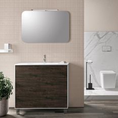 Ensemble meuble de salle de bain 3 tiroirs laqué blanc et marron et miroir lumineux Lago L 90 cm