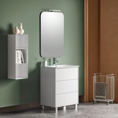 Ensemble meuble de salle de bain 3 tiroirs laqué blanc et miroir lumineux Lago L 60 cm