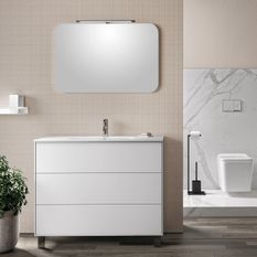 Ensemble meuble de salle de bain 3 tiroirs laqué blanc et miroir lumineux Lago L 90 cm