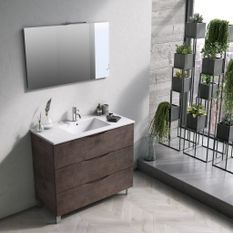 Ensemble meuble de salle de bain 3 tiroirs marron effet pierre et miroir à LED Olo L 100 cm