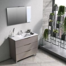 Ensemble meuble de salle de bain 3 tiroirs taupe effet pierre et miroir à LED Olo L 100 cm