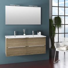 Ensemble meuble de salle de bain 4 tiroirs bois chêne clair et miroir à LED Malo L 120 cm