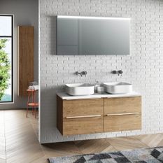 Ensemble meuble de salle de bain 4 tiroirs bois chêne clair et miroir lumineux Malo L 120 cm