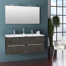 Ensemble meuble de salle de bain 4 tiroirs bois gris oxyde et miroir à LED Malo L 120 cm