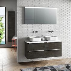 Ensemble meuble de salle de bain 4 tiroirs bois gris oxyde et miroir lumineux Malo L 120 cm