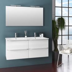 Ensemble meuble de salle de bain 4 tiroirs laqué blanc brillant et miroir à LED Malo L 120 cm