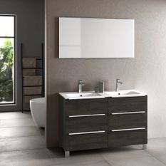 Ensemble meuble de salle de bain 6 tiroirs bois marron foncé et miroir Malo L 120 cm