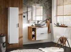 Ensemble meuble de salle de bain ADEL 100 cm avec vasque à poser, meuble de rangement, colonne, miroir et éclairage LED – Blanc mat
