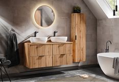 Ensemble meuble de salle de bain ADEL OAK 120 cm avec double vasque, colonne et miroir LED – Chêne Wotan