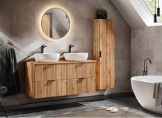 Ensemble meuble de salle de bain ADEL OAK 120 cm avec double vasque, colonne et miroir LED – Chêne Wotan