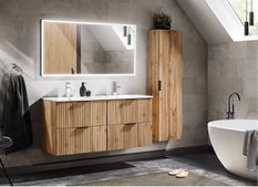 Ensemble meuble de salle de bain ADEL OAK SKY 120 cm avec double vasque, colonne, miroir LED et siphon – Chêne Wotan