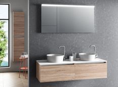 Ensemble meuble de salle de bain bois clair 2 tiroirs double vasque et miroir lumineux Teph L 140 cm