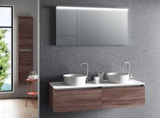 Ensemble meuble de salle de bain bois foncé 2 tiroirs double vasque et miroir lumineux Teph L 140 cm