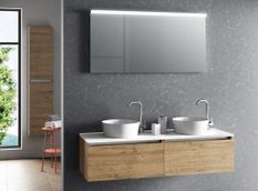 Ensemble meuble de salle de bain chêne clair 2 tiroirs double vasque et miroir lumineux Teph L 140 cm