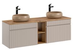 Ensemble meuble de salle de bain EMBLEMATIC double vasque ronde – Taupe et chêne naturel