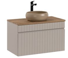 Ensemble meuble de salle de bain EMBLEMATIC taupe & chêne naturel – Vasque ronde en céramique
