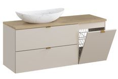 Ensemble meuble salle de bain suspendu DALIA 100 cm Cachemire 100 cm avec vasque ovale blanche mate, panier à linge et plan chêne naturel