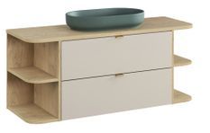 Ensemble meuble salle de bain suspendu DALIA 120 cm Cachemire 120 cm avec vasque verte mate RIVER 2, 2 étagères ouvertes et plan en chêne naturel