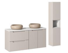 Ensemble meuble salle de bain suspendu NOVA 120 cm – Double vasque ronde cappuccino avec colonne et rangements