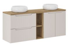 Ensemble meuble salle de bain suspendu taupe et naturel NOVA 140 cm – Double vasque ronde blanche avec plan et rangements