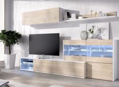 Ensemble meuble séjour living avec vitrine LED - Décor chene et blanc - L 260 x P 41 x H 180 cm - UMA