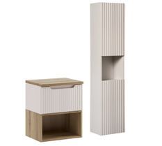 Ensemble meuble suspendu sous vasque NOVA Taupe 50 cm avec colonne et étagère bois – Rangement optimisé