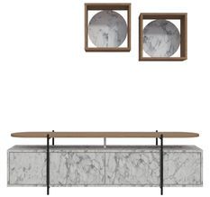 Ensemble meuble TV 4 portes et 2 étagères murales bois clair et blanc effet marbre Kusta 160 cm