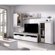 Ensemble Meuble TV Blanc et Béton - L 265 x P 42 x H 180 cm - TOKIO