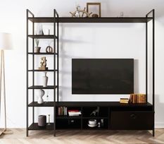 Ensemble meuble TV et bibliothèque bois noir et métal noir Viza 180 cm