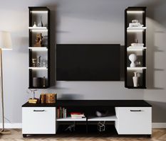 Meuble TV avec étagére murale - Décor chene et graphite - L 180 x P 41 x H  180 cm - BONN
