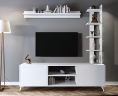 Ensemble modulable meuble TV avec bibliothèque et étagère bois blanc Likaz 180 cm