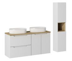 Ensemble salle de bain double vasque ovale blanche NOVA 120 cm avec meubles suspendus et colonne