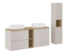 Ensemble salle de bain double vasque ovale blanche NOVA 140 cm avec meubles suspendus et colonne