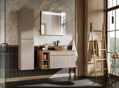 Ensemble salle de bain EMBLEMATIC 100 cm – Meuble vasque, étagère, colonne, miroir & éclairage LED – Taupe et chêne naturel