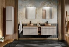 Ensemble salle de bain EMBLEMATIC 180 cm – Double vasque, colonne, 2 miroirs & éclairages LED – Taupe et chêne naturel