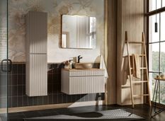 Ensemble salle de bain EMBLEMATIC 80 cm – Meuble vasque, colonne, miroir & éclairage LED – Taupe et chêne naturel