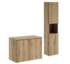 Ensemble salle de bain suspendu 2 tiroirs NOVA OAK 80 cm avec colonne, cube décoratif et plan pour vasque
