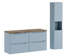 Ensemble salle de bain suspendu NOVA Denim 120 cm – Rangements, plan Chêne Casella