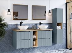Ensemble salle de bain suspendu NOVA Denim 170 cm – Double vasque grise avec colonne et rangements
